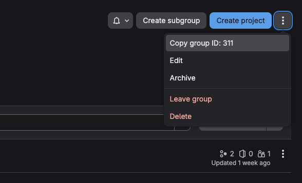 screenshot that shows where to find the numeric groupId in the GitLab interface