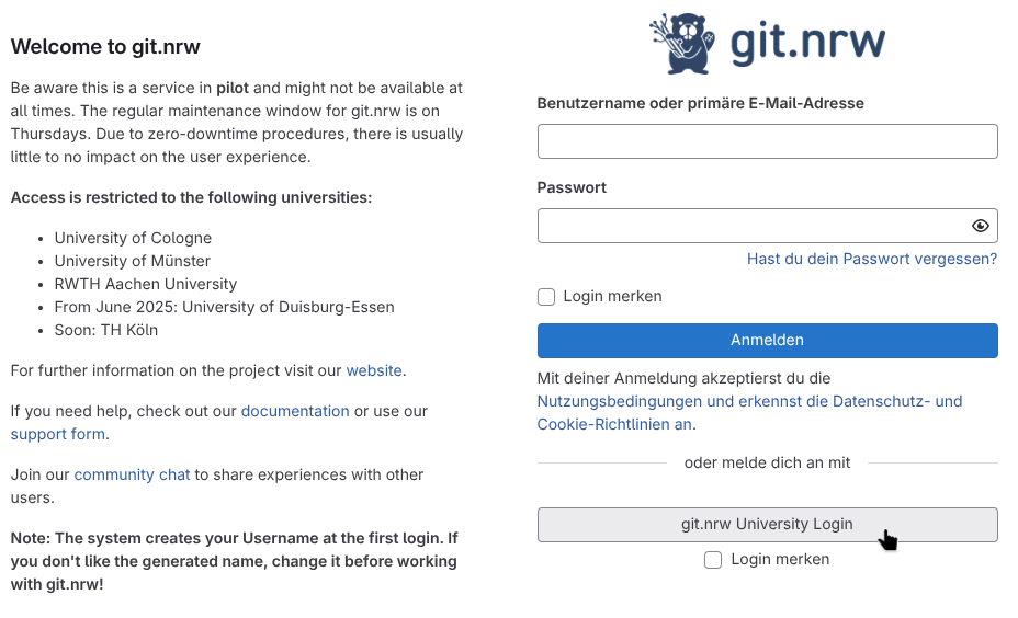 Login-Seite von git.nrw