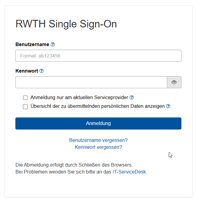 RWTH SSO mit der Eingabemaske zu Benutzername und
Kennwort.