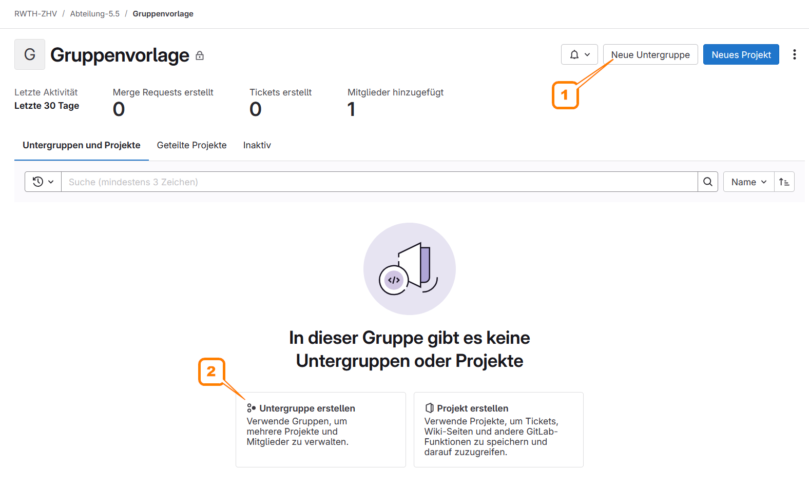 Die Ziffern 1 und 2 zeigen wo geklickt werden muss, um eine Gruppe zu
erstellen.