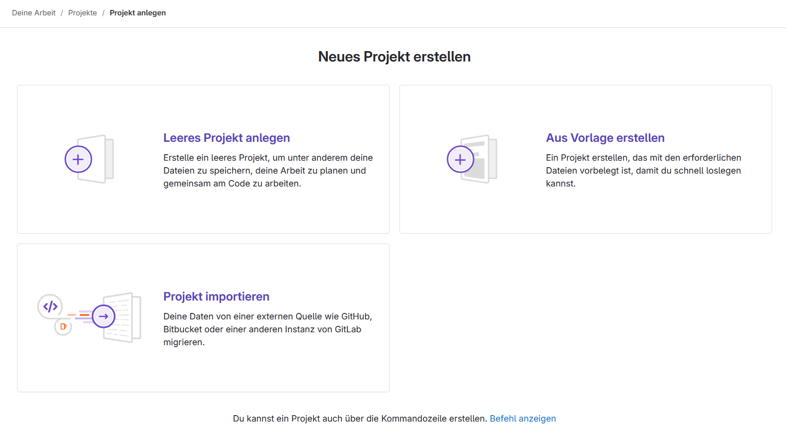 Es werden die drei Auswahlmöglichkeiten "Leere Projekt anlegen",
"Aus Vorlage erstellen" und "Projekt importieren"
gezeigt.