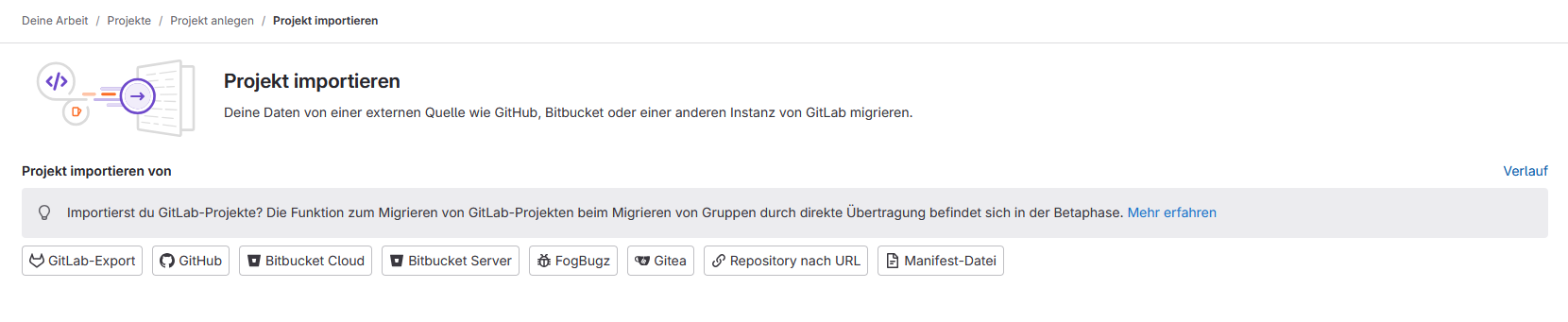 Der Screenshot
zeigt auf den links angeordneten Button "GitLab-Export", der
gedrückt werden muss, um eine Projektvorlage zu
importieren.