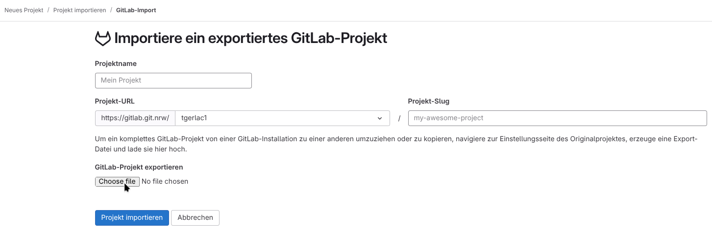 Hier wird auf den Button "Durchsuchen" verwiesen, der sich auf der
linken Seite befindet, um die Projektvorlage
einzubinden.