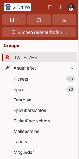 Menüleiste auf Gruppenebene