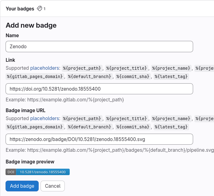 GitLab form for creating a new project badge.