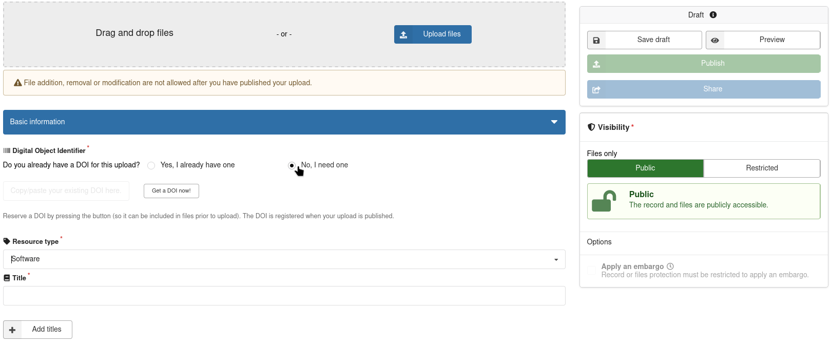Zenodo new upload form for adding metadata and files.